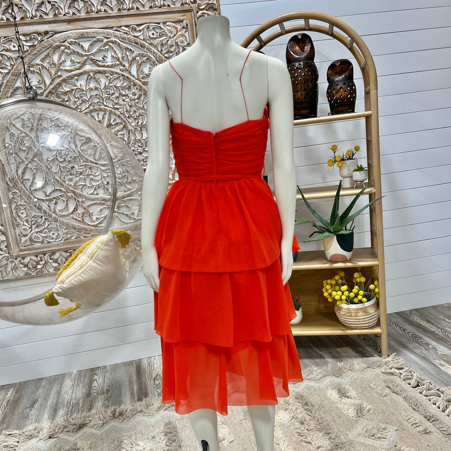 Vintage 70s Ruffle Orange Ruched Miss Elliette Evening Cocktail Dress S