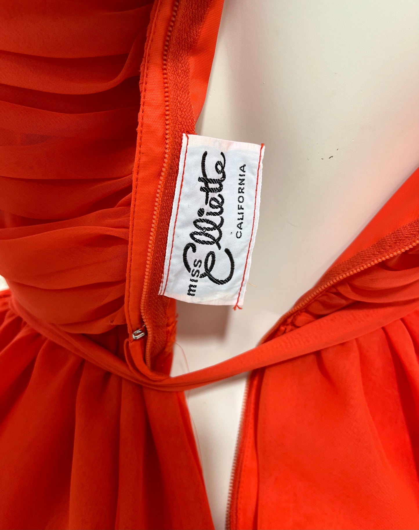 Vintage 70s Ruffle Orange Ruched Miss Elliette Evening Cocktail Dress S