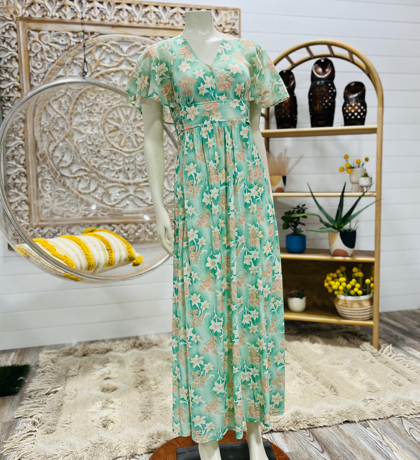 Vintage 70s Flutter Sleeve Spring Floral Print Mint Green Maxi Dress XS/S