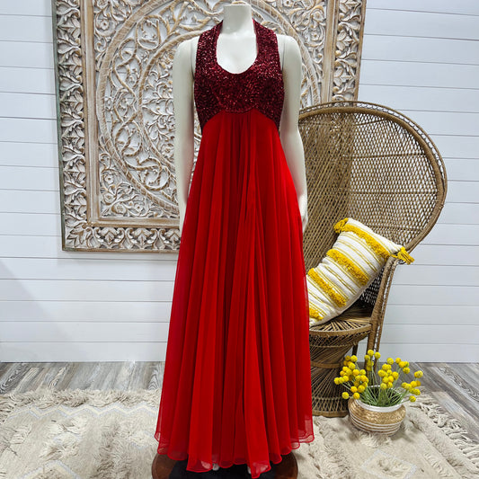 Vintage 70s Mike Benet Red Sequin Flowing Evening Halter Maxi Dress XS